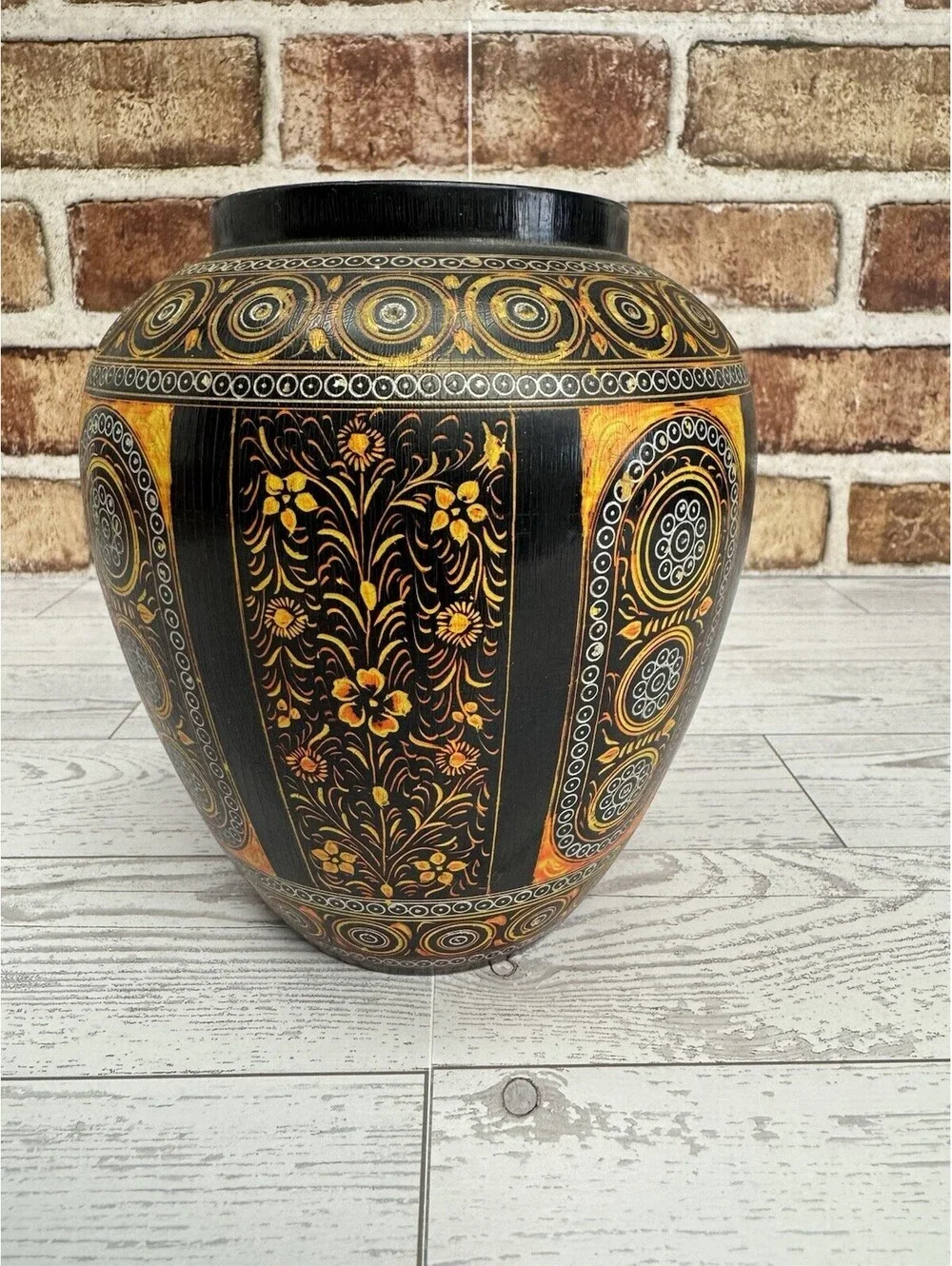 Vintage Wooden Vase Hand Carved Painted Decor India Planter Pot